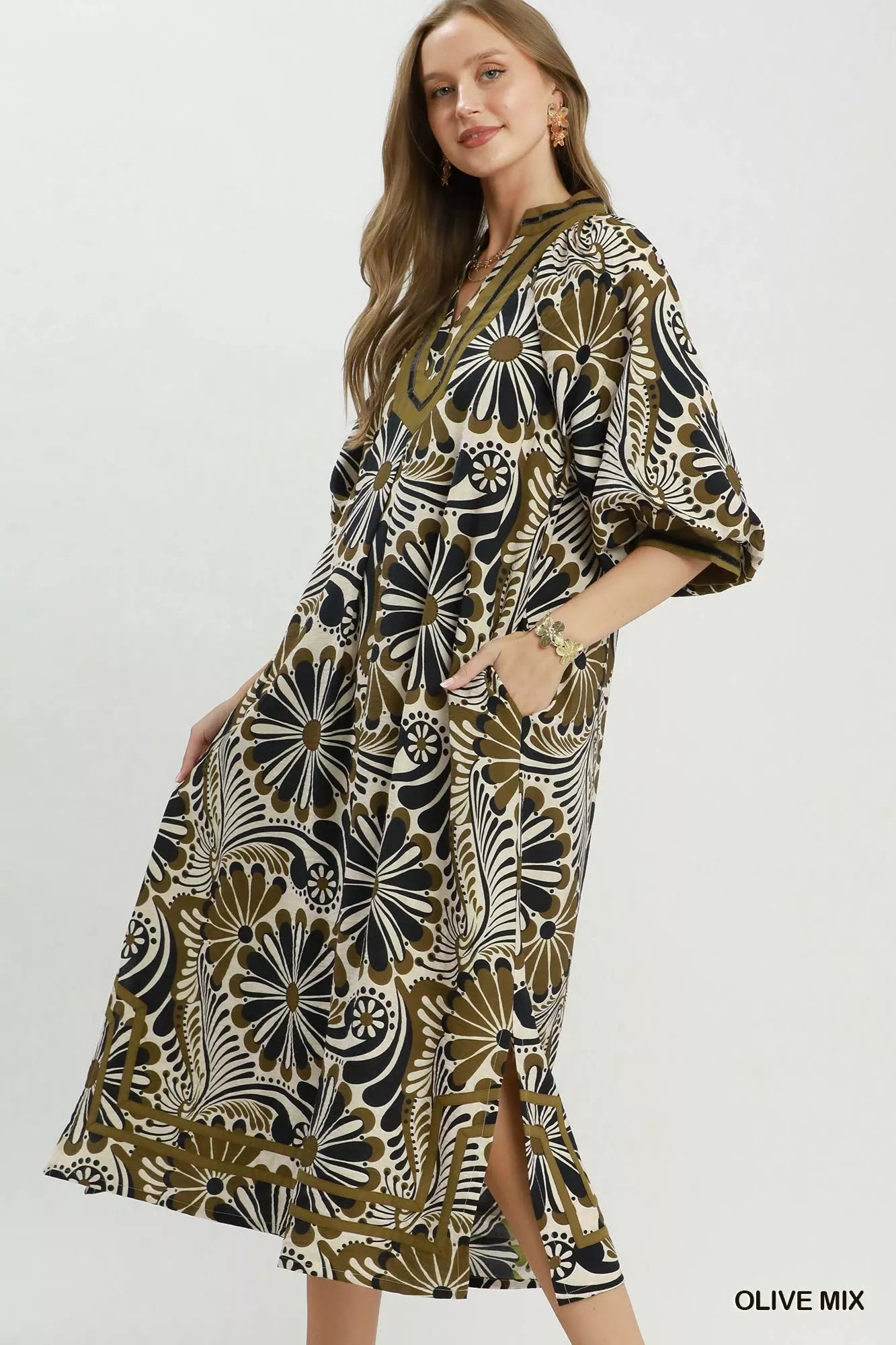 Abstract Floral Print Relaxed Midi Dress Umgee