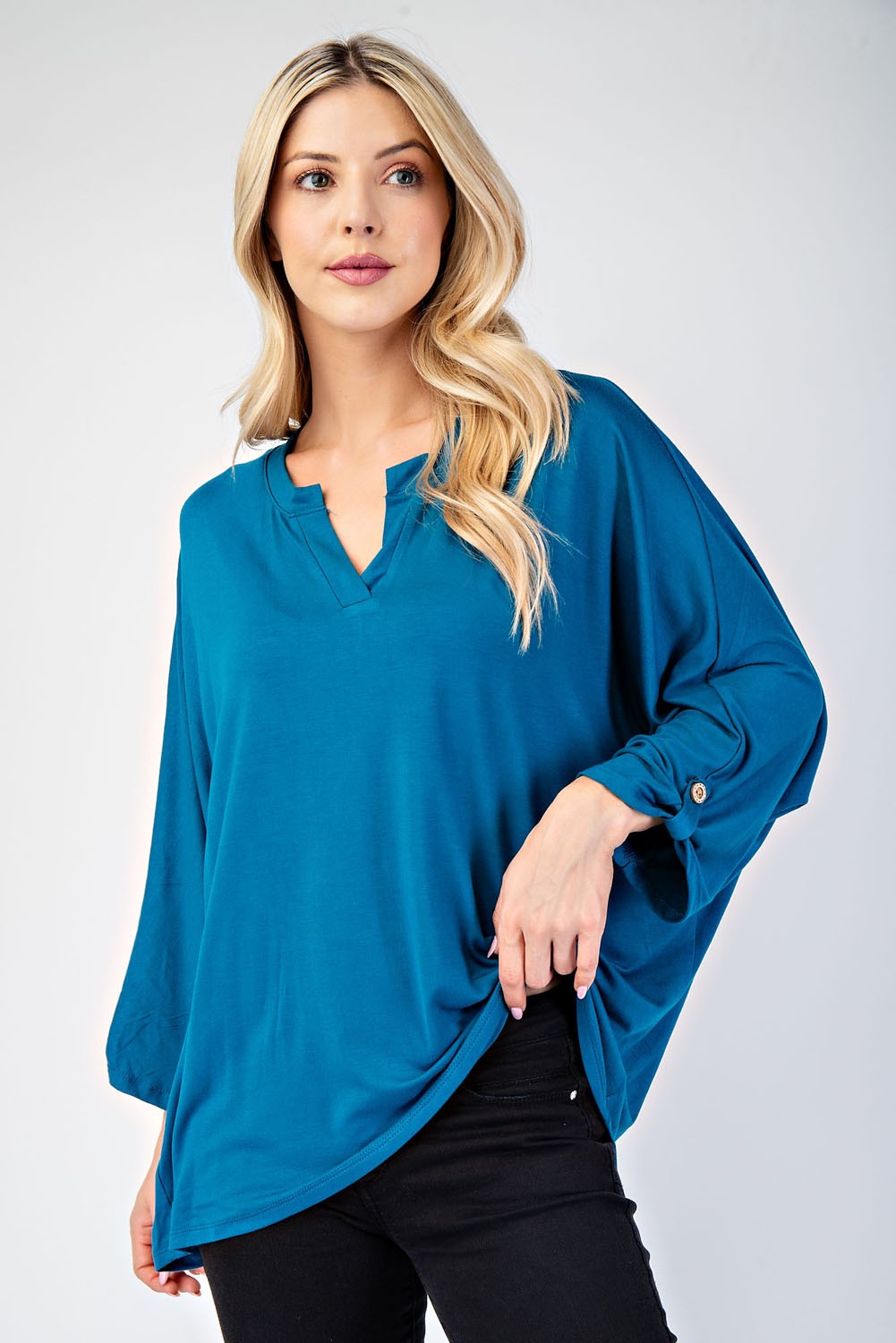 Notched Three-Quarter Sleeve Blouse Celeste Teal S 