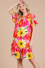 Floral Ruffled Short Sleeve Dress Ces Femme