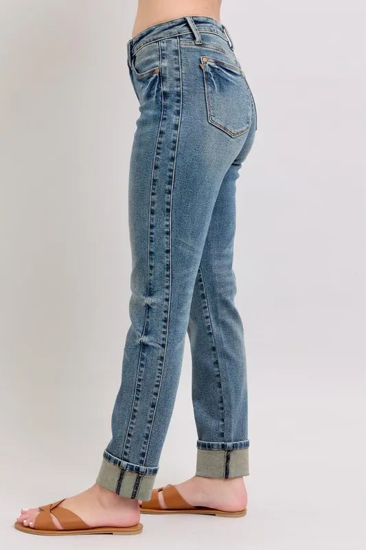 Mid Rise Vintage Wash Double Roll Cuff Boyfriend Jeans with Plus Size Judy Blue