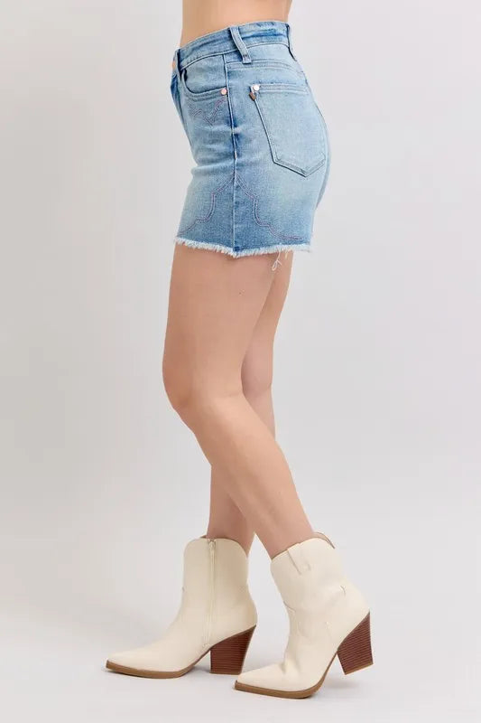 High Waist Western Embroidery Detail Cut Off Denim Shorts Judy Blue