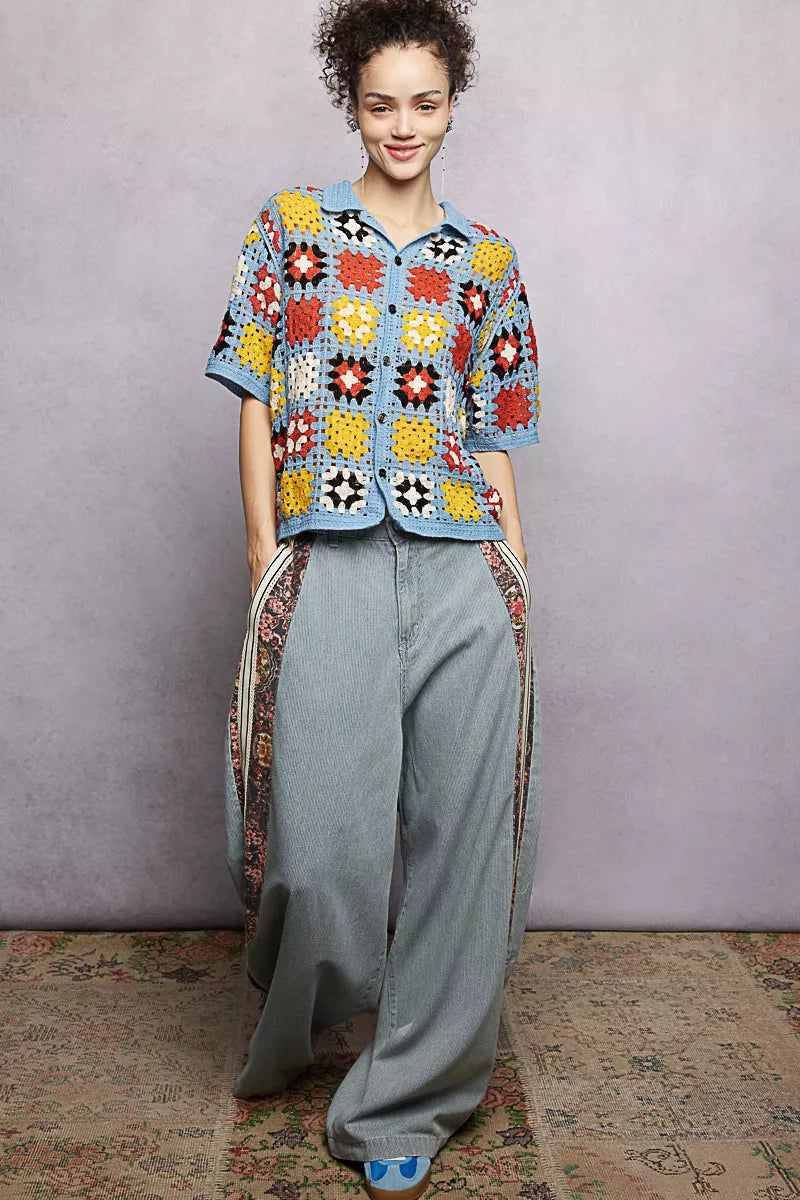 Crochet Short Sleeve Relaxed Fit Shirt POL