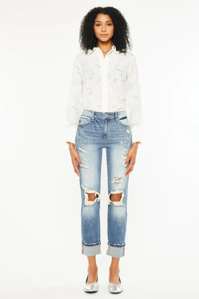 High Rise Distressed Boyfriend Fit Jeans Kancan
