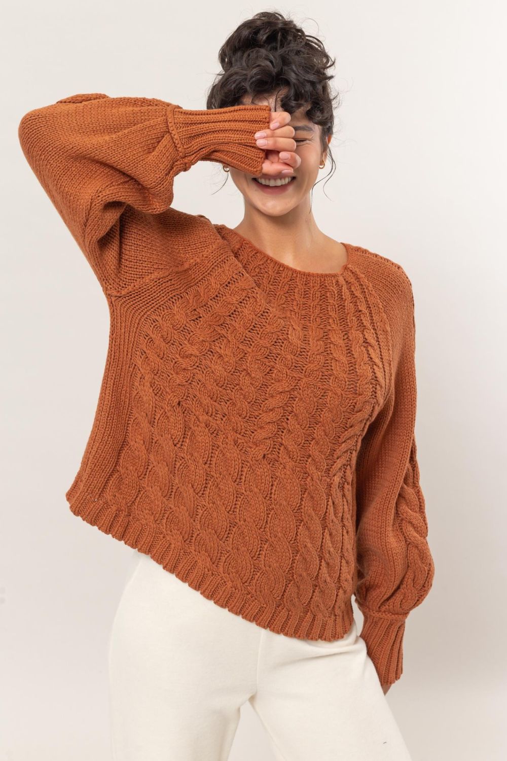 Cable-Knit Round Neck Raglan Sleeve Sweater HYFVE   