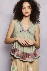 Lace Detail Ruffled Ribbed Sleeveless Top with Floral Pattern Trim Detail POL