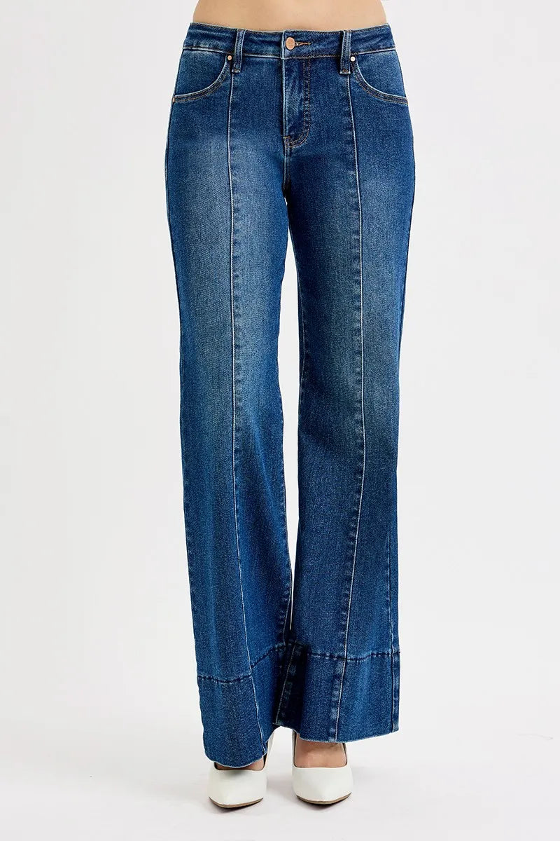 Tummy Control Mid Rise Ankle Wide Flare Jeans With Plus Size Risen