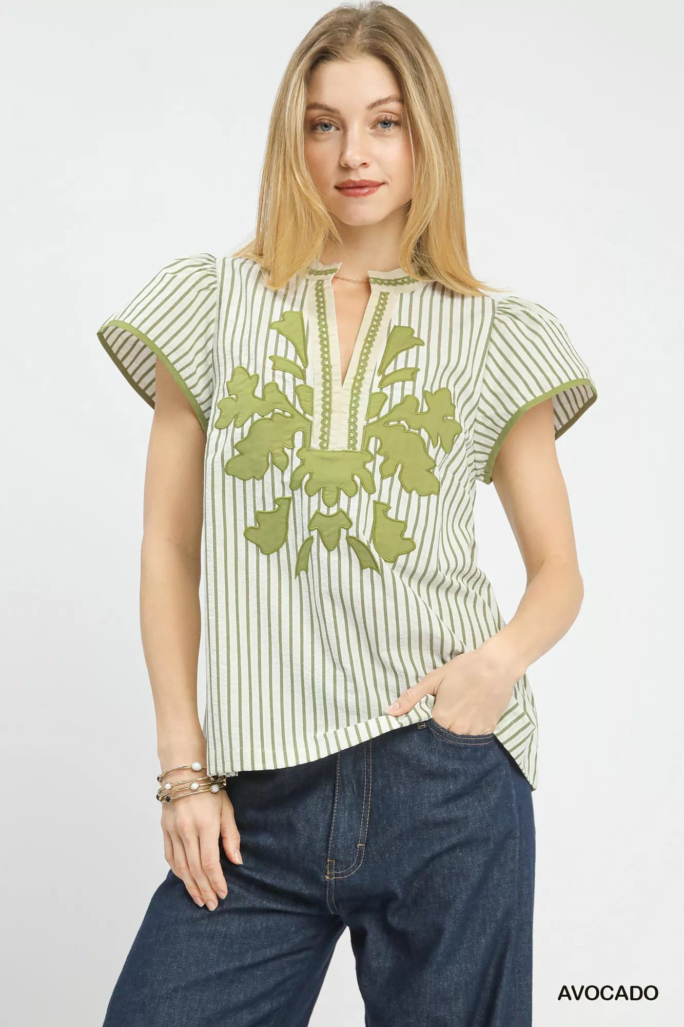 V-Neck Stripe Top with Lace Trim Umgee AVOCADO S