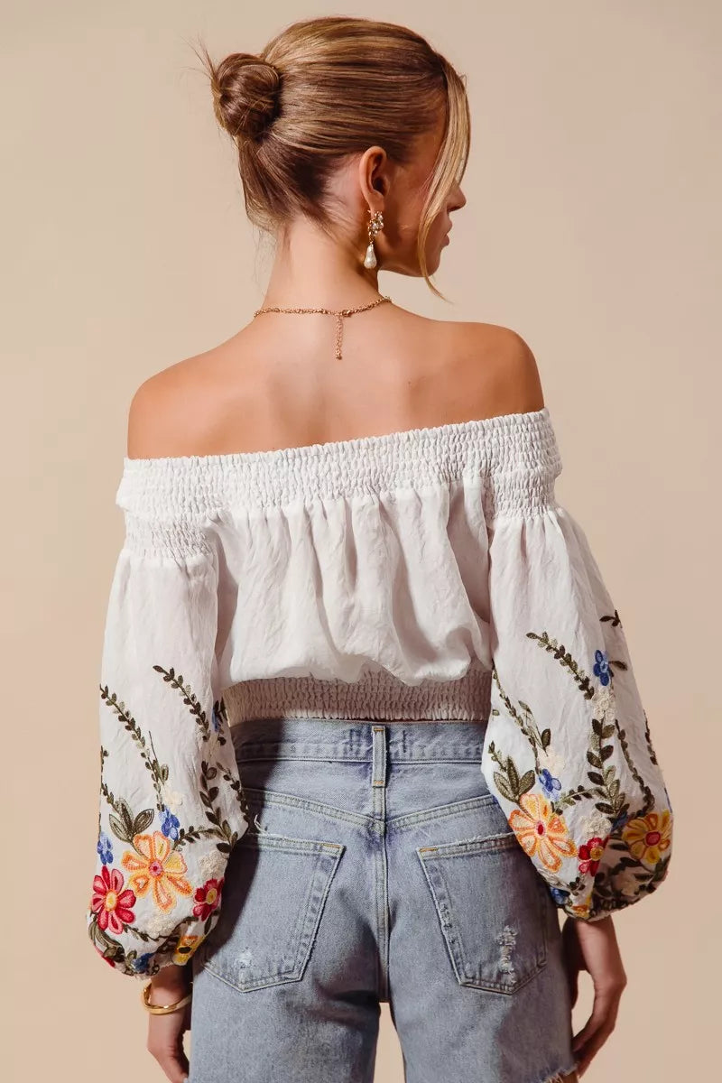 Floral Embroidered Off The Shoulder Crop Top So Me