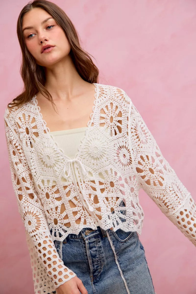Floral Pattern Crochet Knit Tie Front Crop Cardigan So Me