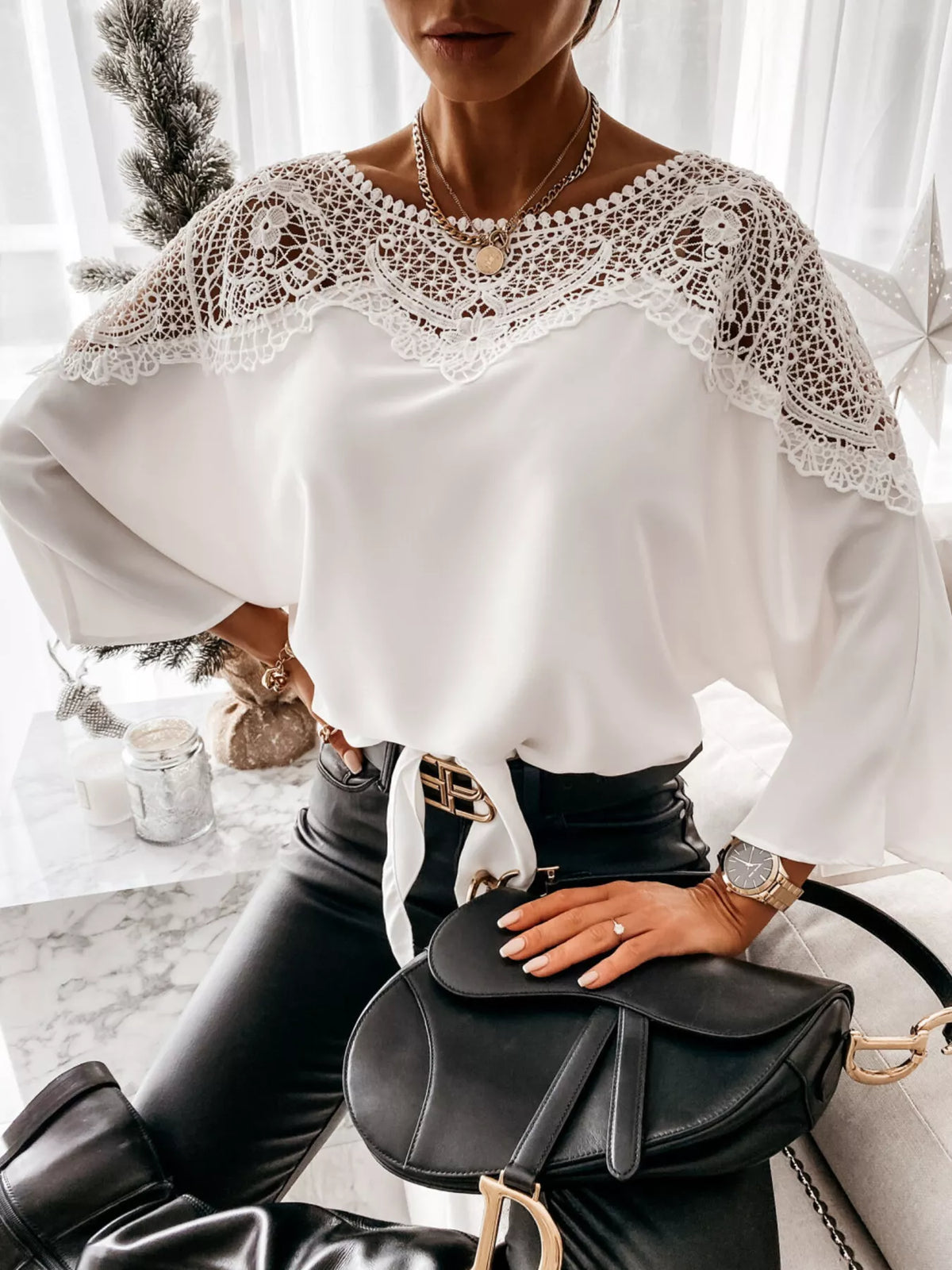 Lace Trim Long Sleeve Blouse Simmer & Fay White S