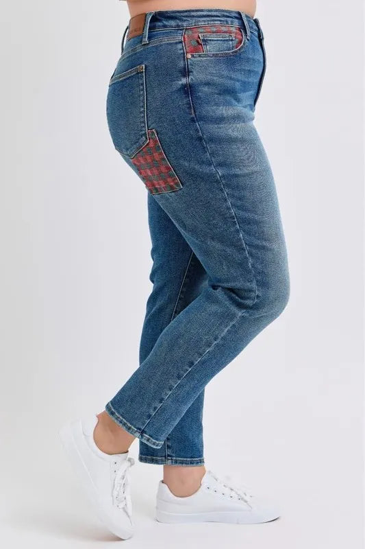 High Waist Plaid Patch Slim Fit Jeans Plus Size Judy Blue