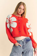 Flower Contrast Round Neck Long Sleeve Cardigan Davi & Dani Orange S