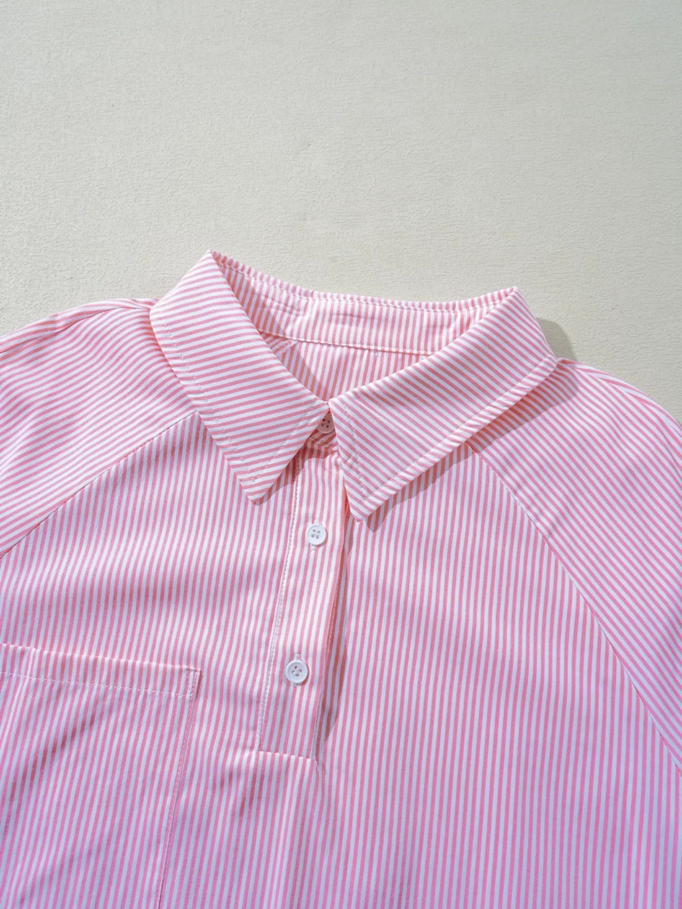 Pinstripe Long Sleeve Smocked Cuffs Button Shirt Collar Blouse Simmer & Fay