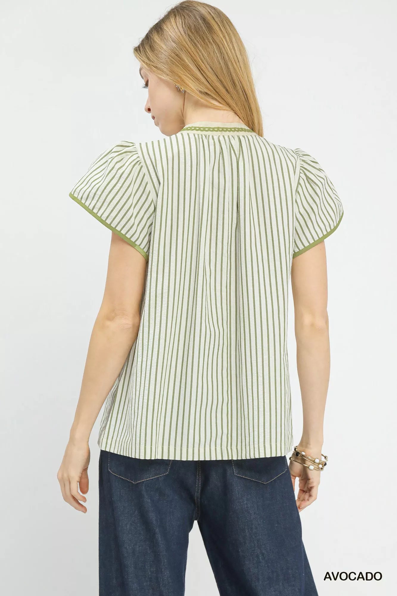 V-Neck Stripe Top with Lace Trim Umgee