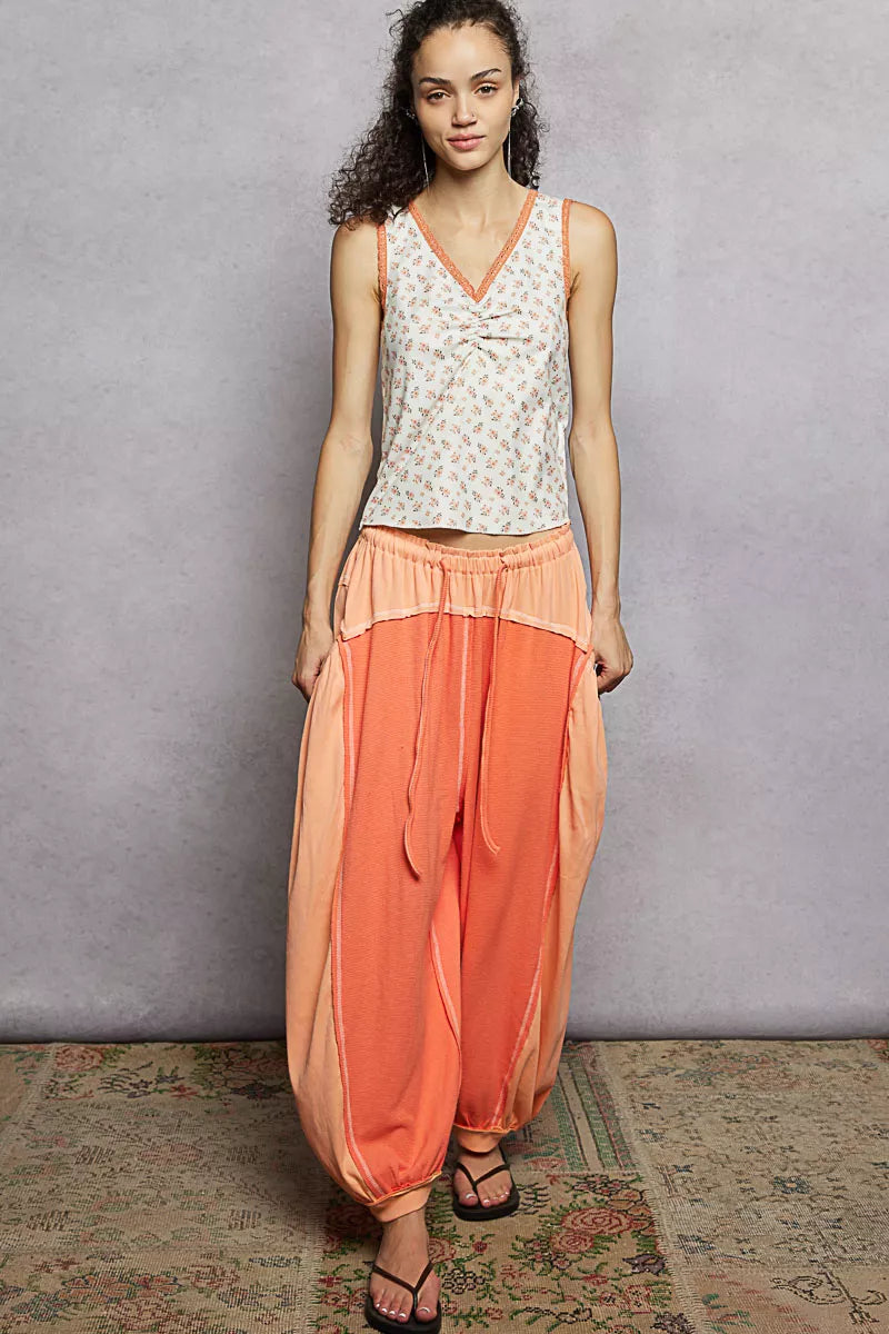 Ruched Floral V-Neck Tank with Lace Detail POL