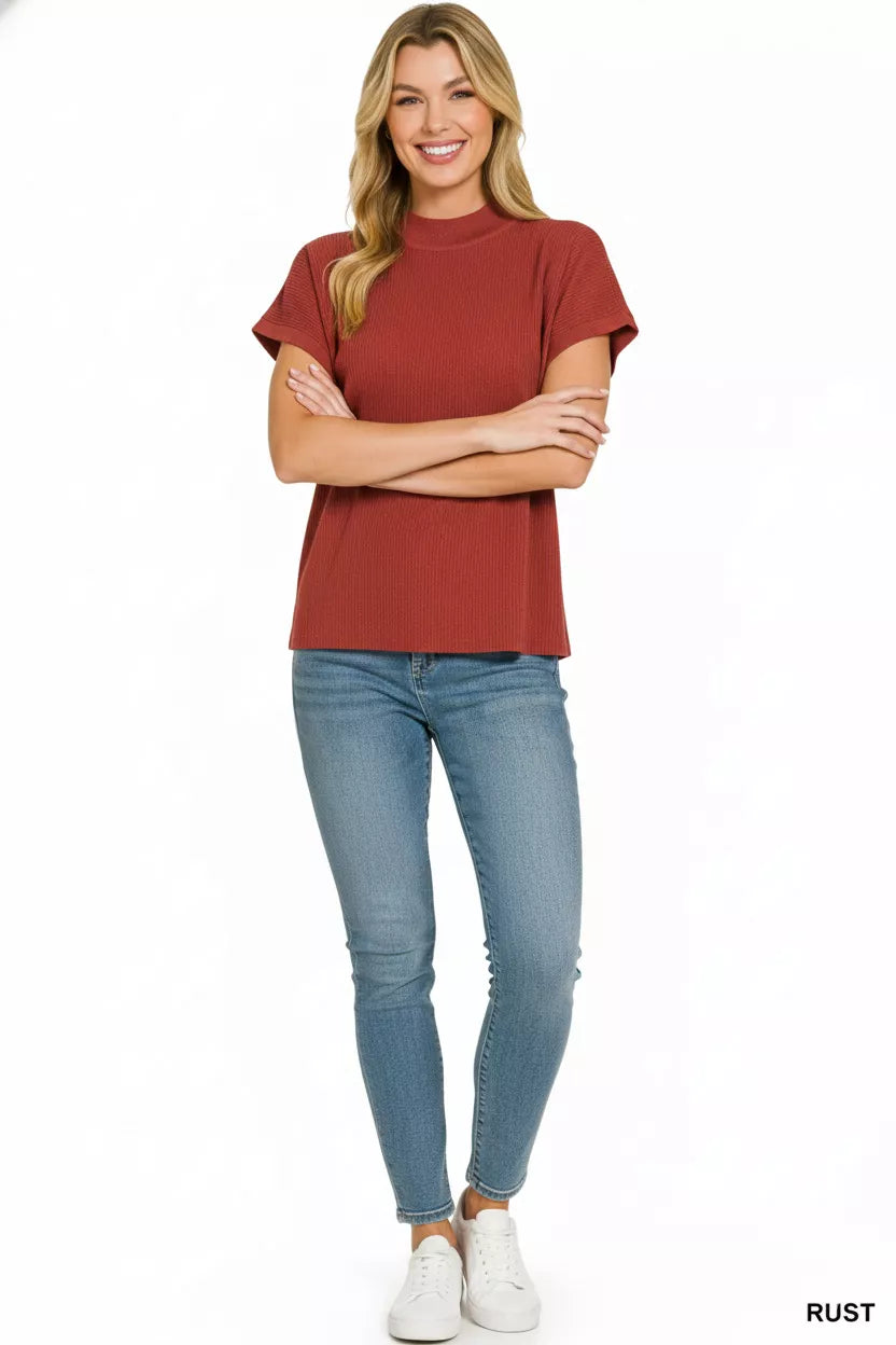 Viscose Mock Neck Short Sleeve Boxy Sweater ZENANA