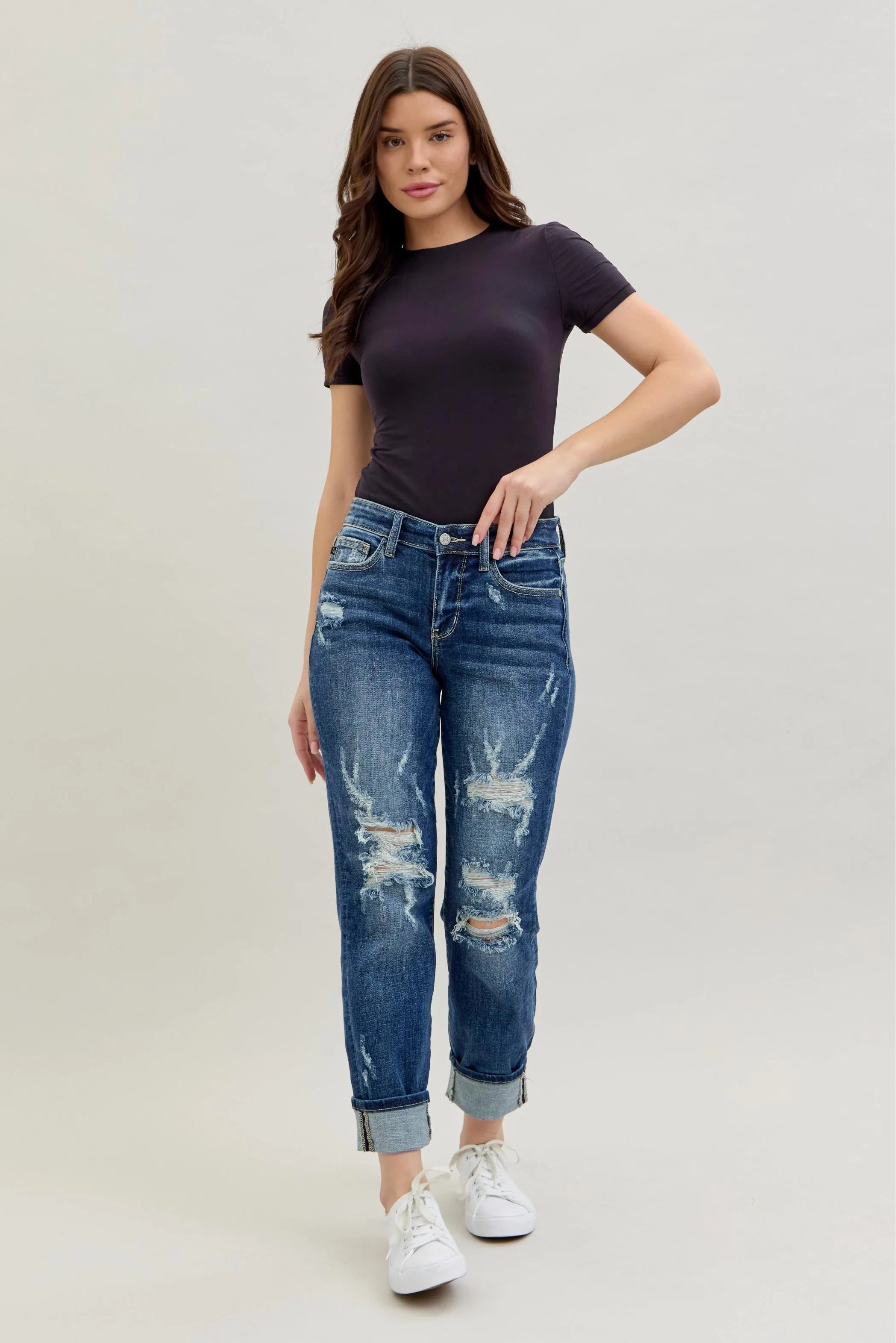 Mid Rise Cuffed Destroy Bf Jeans With Plus Size Judy Blue