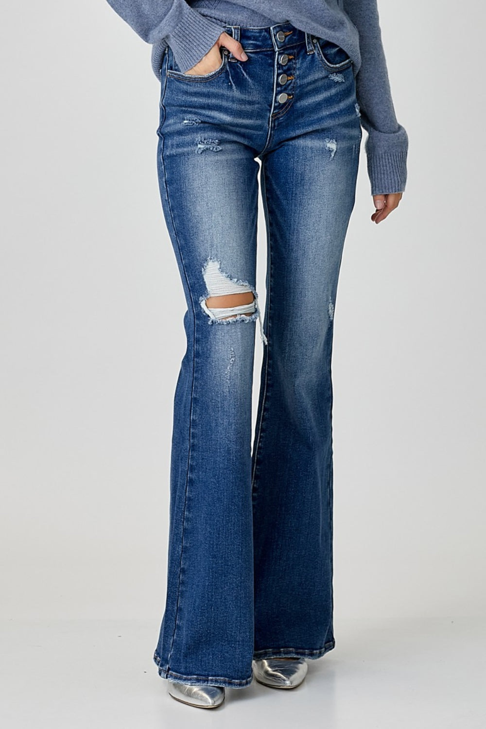 Distressed Button-Fly Flare Jeans Risen   