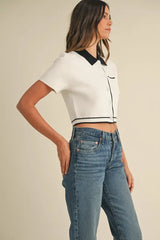 Button Down Contrast Collared Knit Cardigan Mable