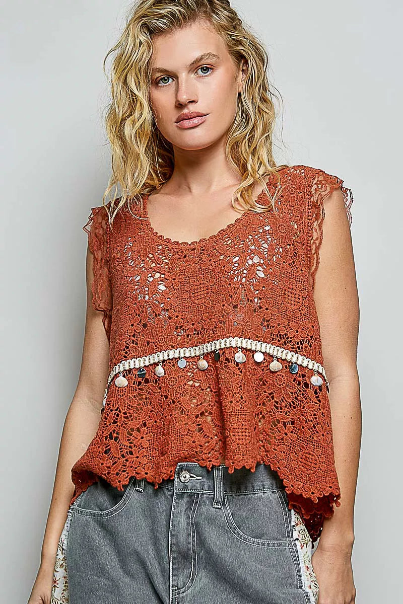 Lace Trim Openwork V-Neck Crochet Tank with Scalloped Edge POL