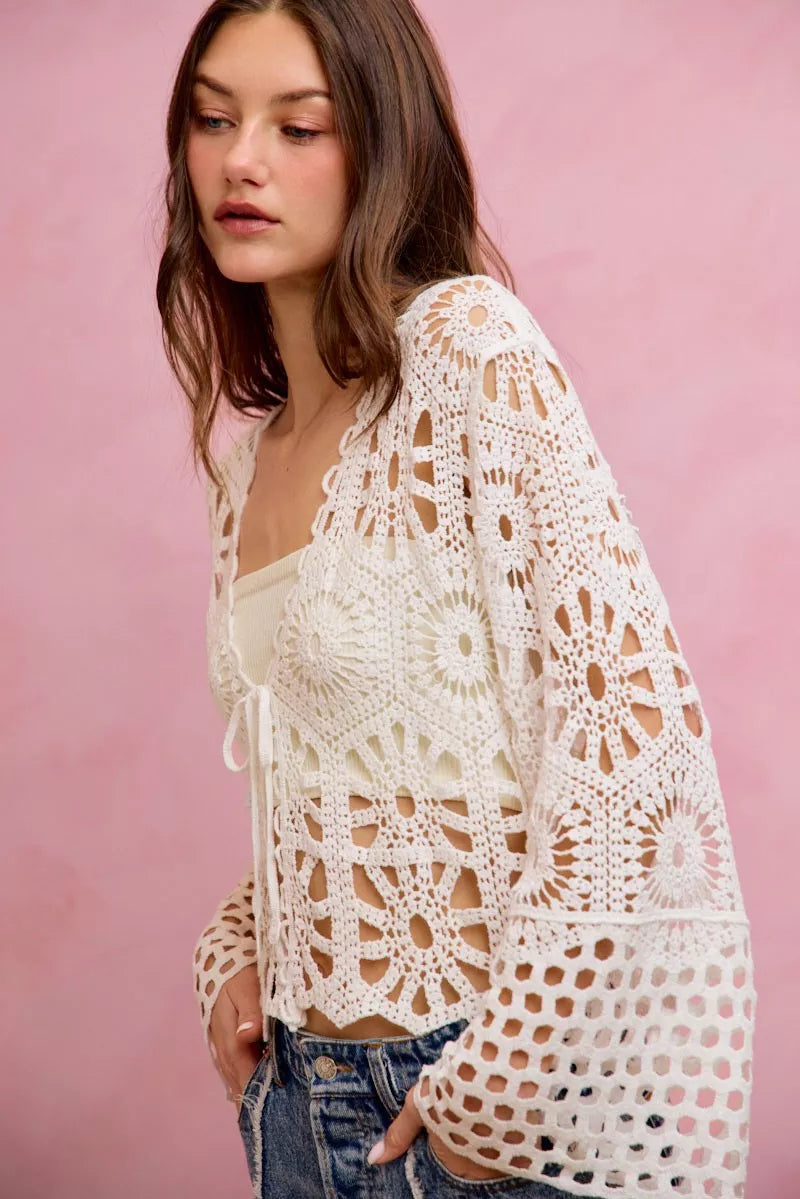 Floral Pattern Crochet Knit Tie Front Crop Cardigan So Me