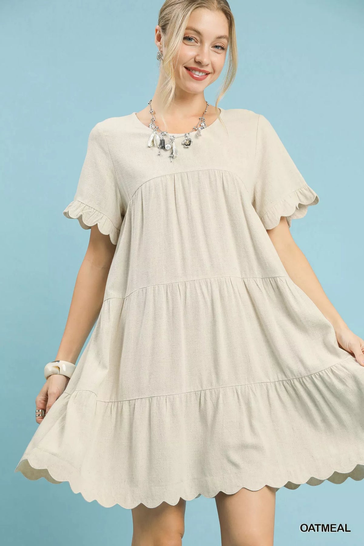 Linen Tiered Babydoll Dress with Ruffle Sleeves Umgee OATMEAL S