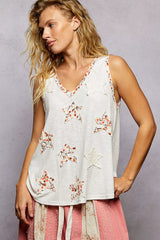 Floral Print Star Patch V-Neck Ribbed Tank POL