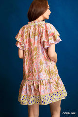 Floral Ruffle-Sleeve Tunic Dress Umgee