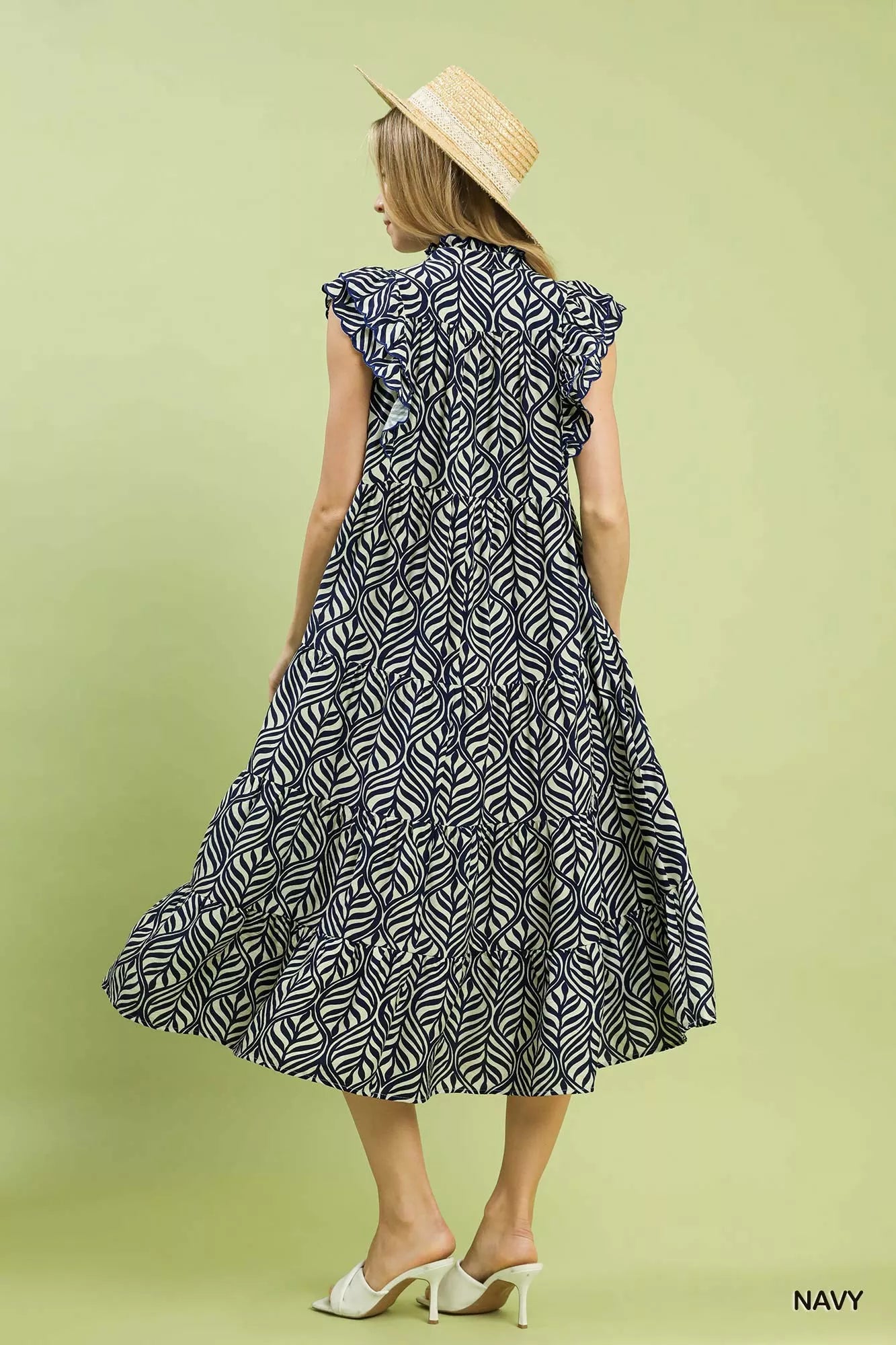 Leaf Print Tiered Midi Dress with Ruffle Detail Umgee