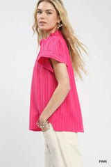 Texture Flutter Sleeve Notched Blouse Umgee