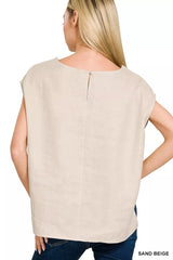 Linen Round Neck Cap Sleeve Top ZENANA