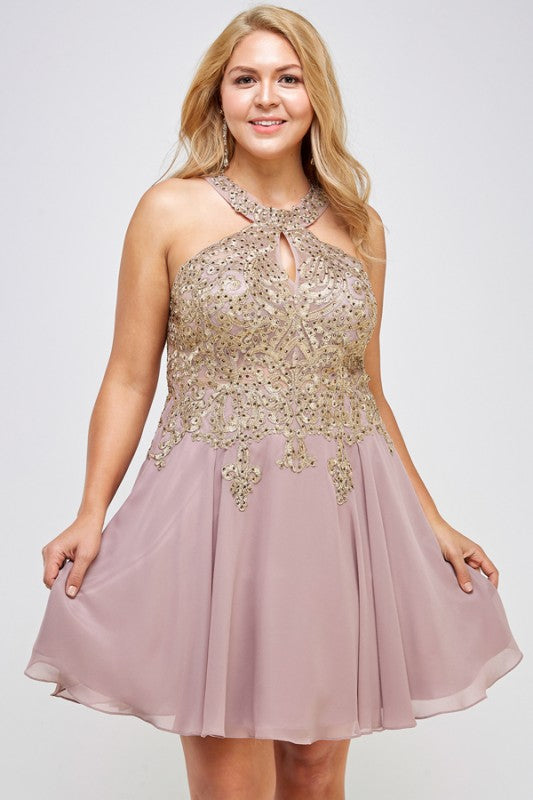Plus Size Gold Embroidered Elegant Halter A-Line Cocktail Dress LA SCALA Blush 1X