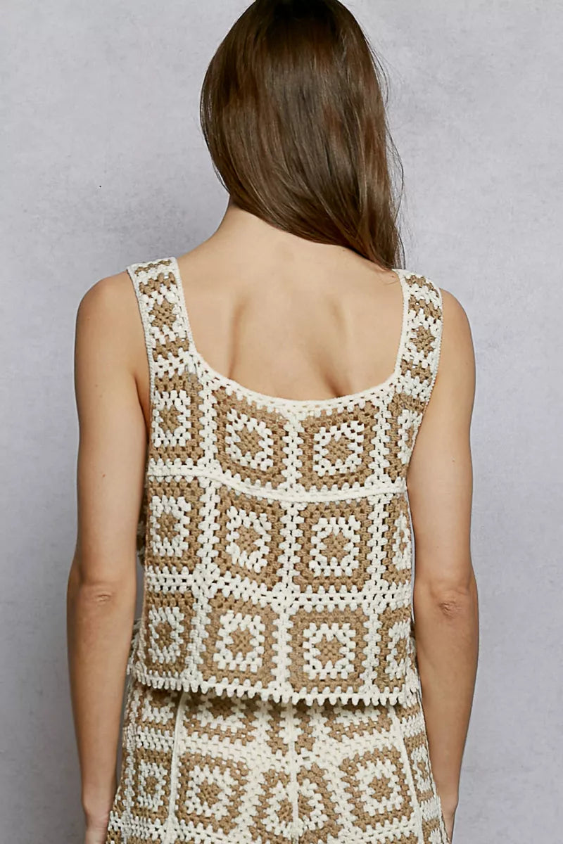POL Openwork Square Neck Cropped Crochet Tank with Granny Square Weave Trendsi