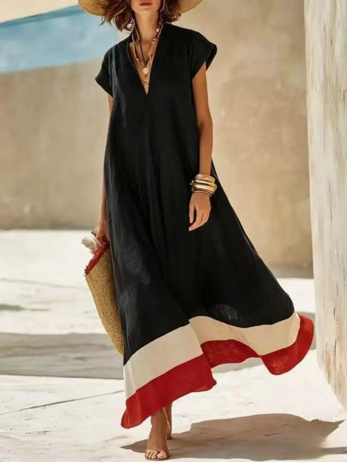 Color Block Hem V-Neck Maxi Dress Simmer & Fay Black S