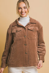 Corduroy Button Up Jacket with Sherpa Inside Love Tree Cocoa S 