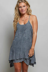 Embroidered Adjustable Strap Mini Dress POL CHARCOAL S