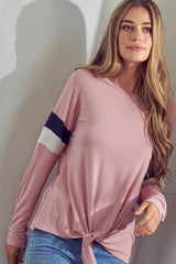 Tie Front Solid Colorblock Long Sleeve Top e Luna   