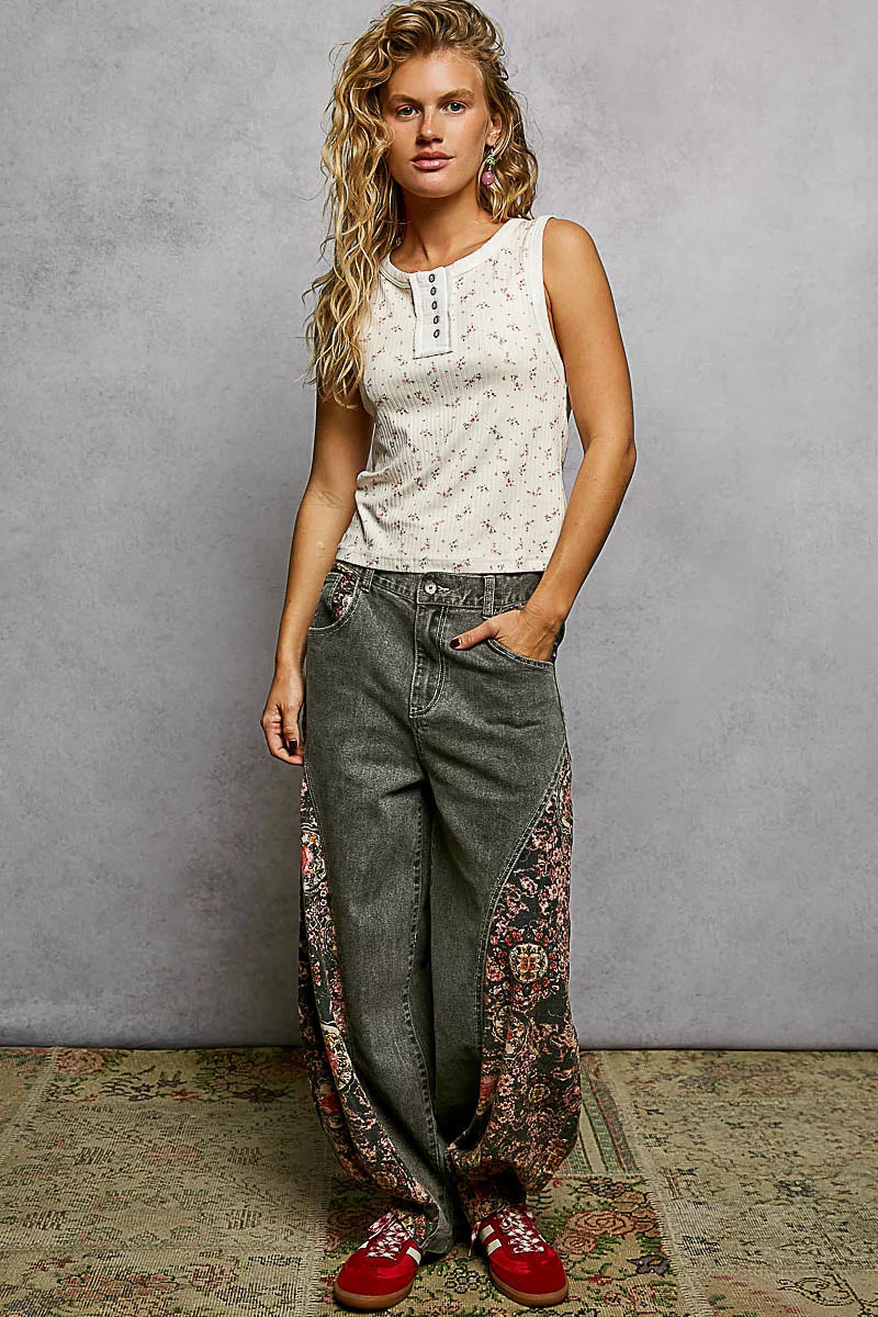 Vintage Floral Print Slim-Fit Knit Tank with Raw-Edge Details POL