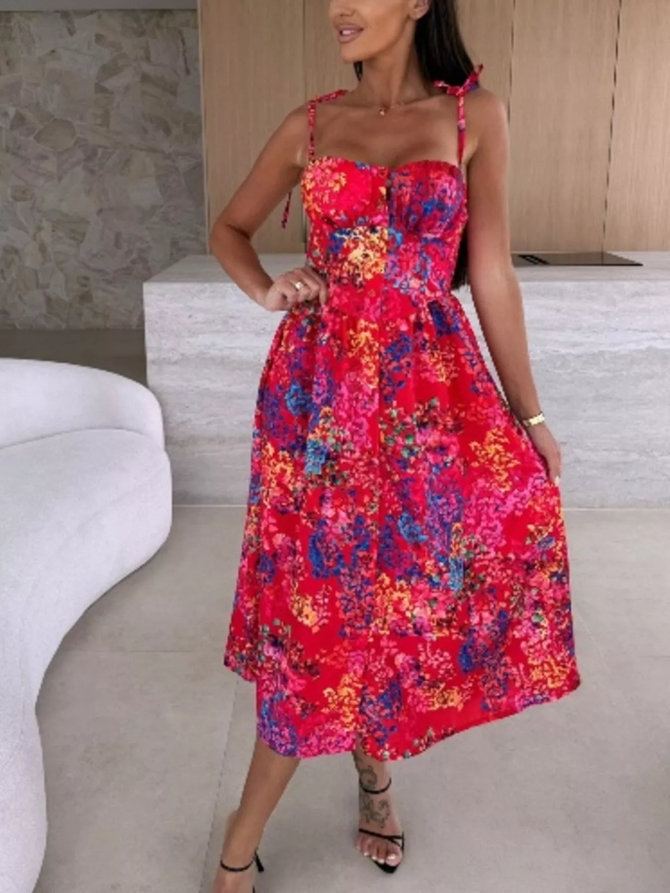 Printed Tie-Strap Midi Dress Simmer & Fay