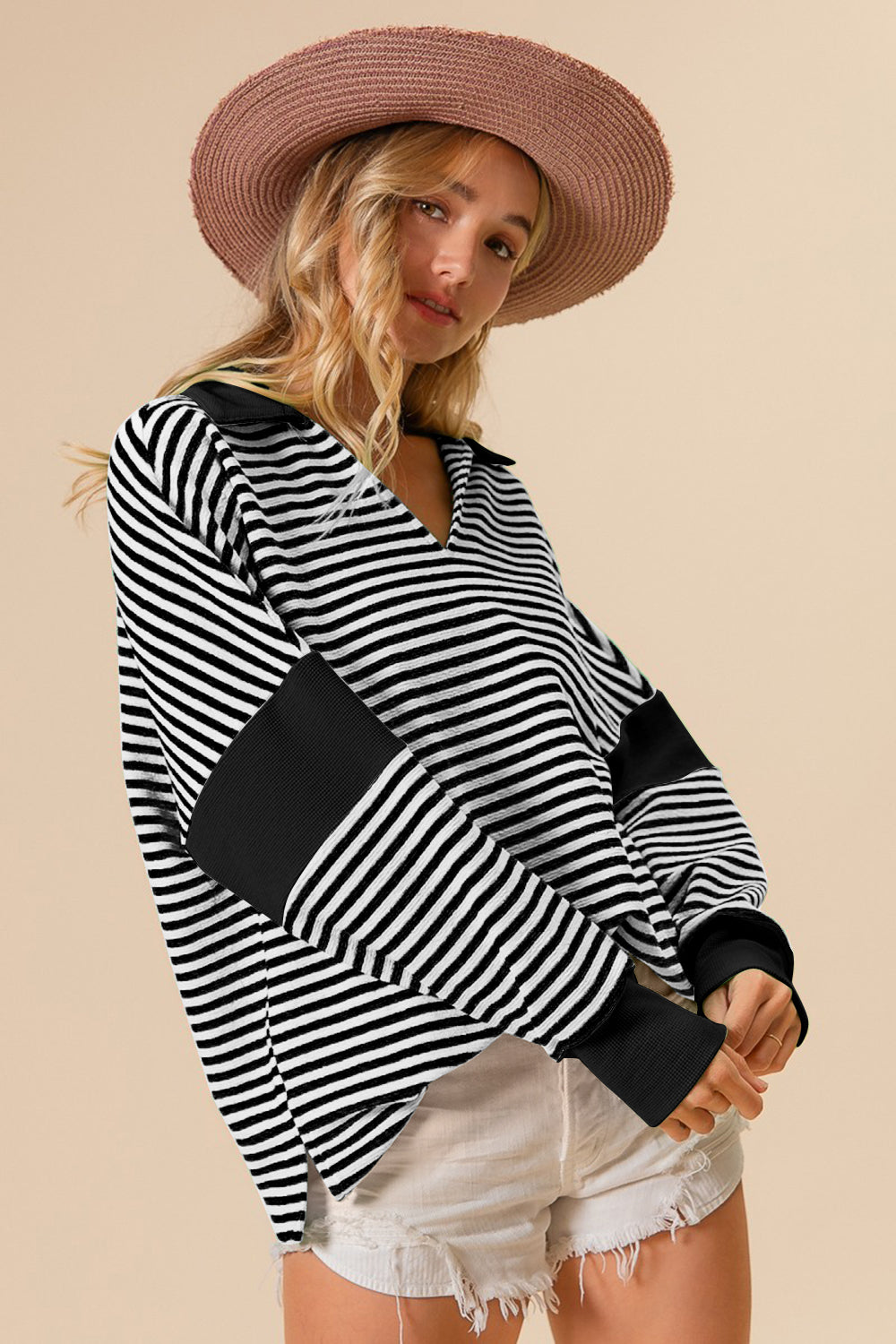 Striped Contrast Relaxed Long Sleeve V-neck Knit Top BiBi   