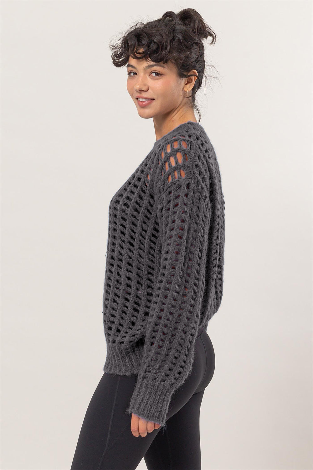 Openwork Round Neck Long Sleeve Knit Cover Up HYFVE   