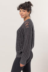 Openwork Round Neck Long Sleeve Knit Cover Up HYFVE   