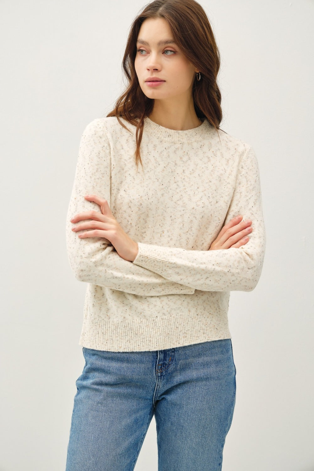 Heathered Round Neck Long Sleeve Sweater Be Cool Cream S 