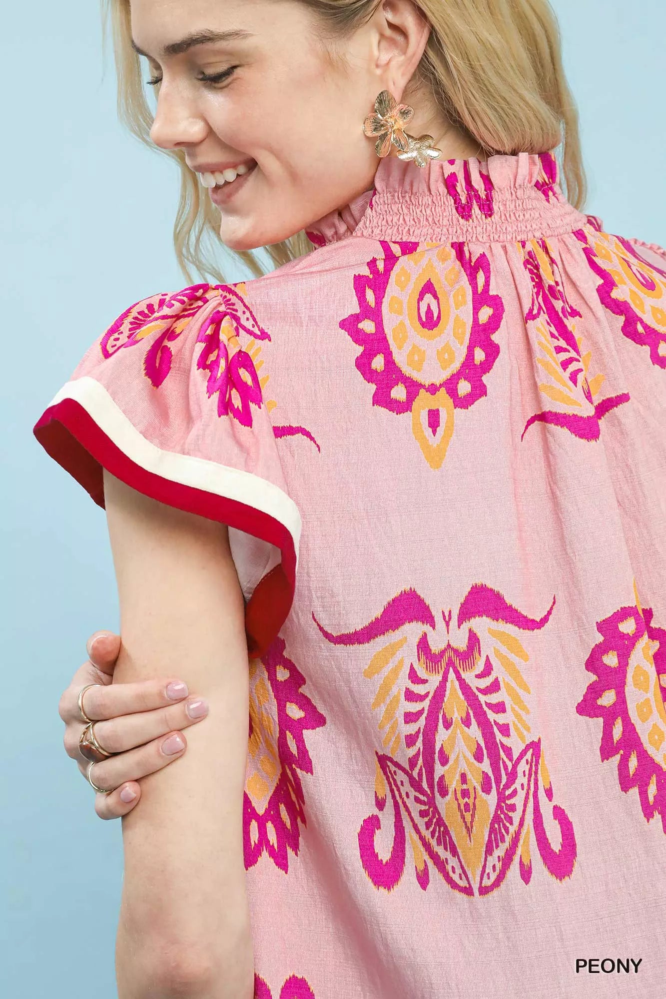 Border Print Split-Neck Boho Top Umgee