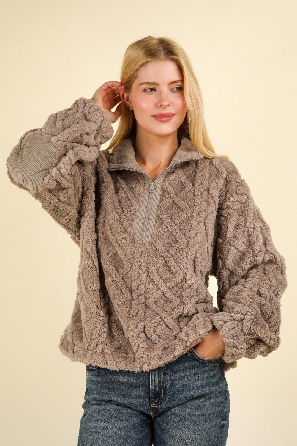 Fuzzy Fleece Half Zip Cable Pattern Sweatshirt Very J   