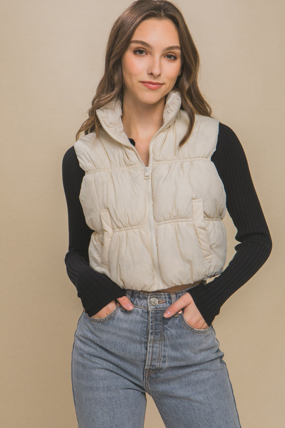 Zip Up Turtleneck Cropped Vest Coat Love Tree Cream S 