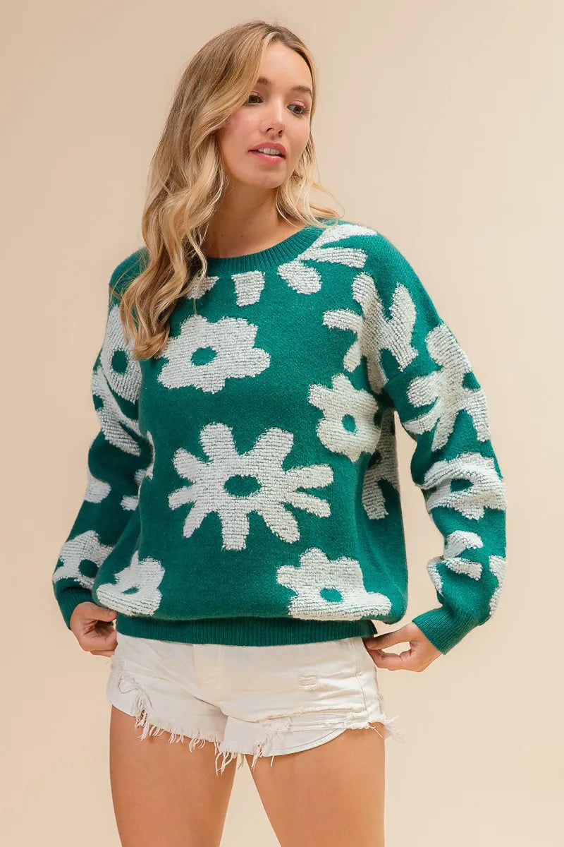 Flower Pattern Long Sleeves Sweater Top BiBi