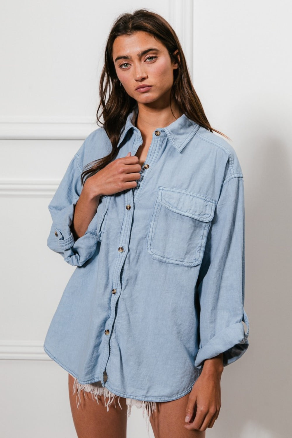 Button Down Stitch Detail Shirt with Chest Pockets BiBi Denim S 