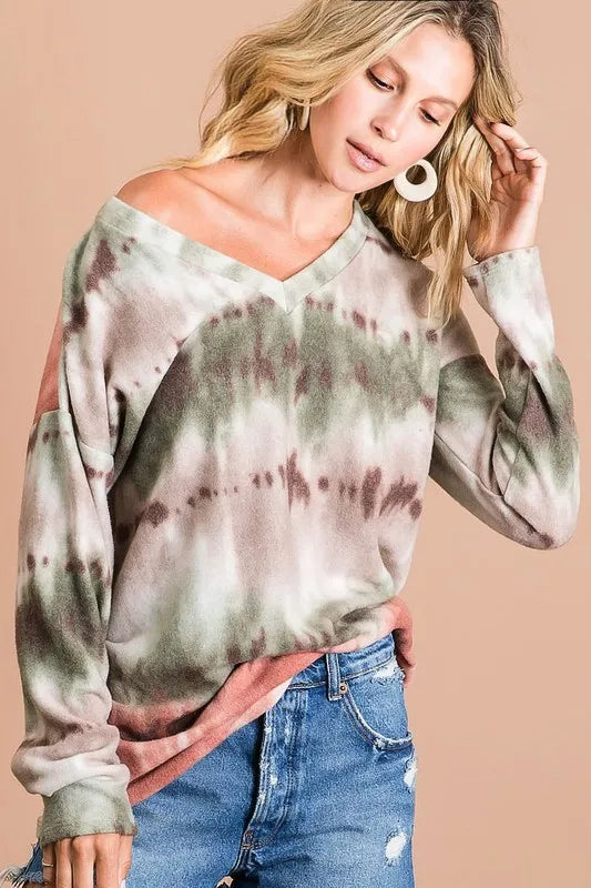 Brushed Tie Dye Looking Print V Neck Top BiBi