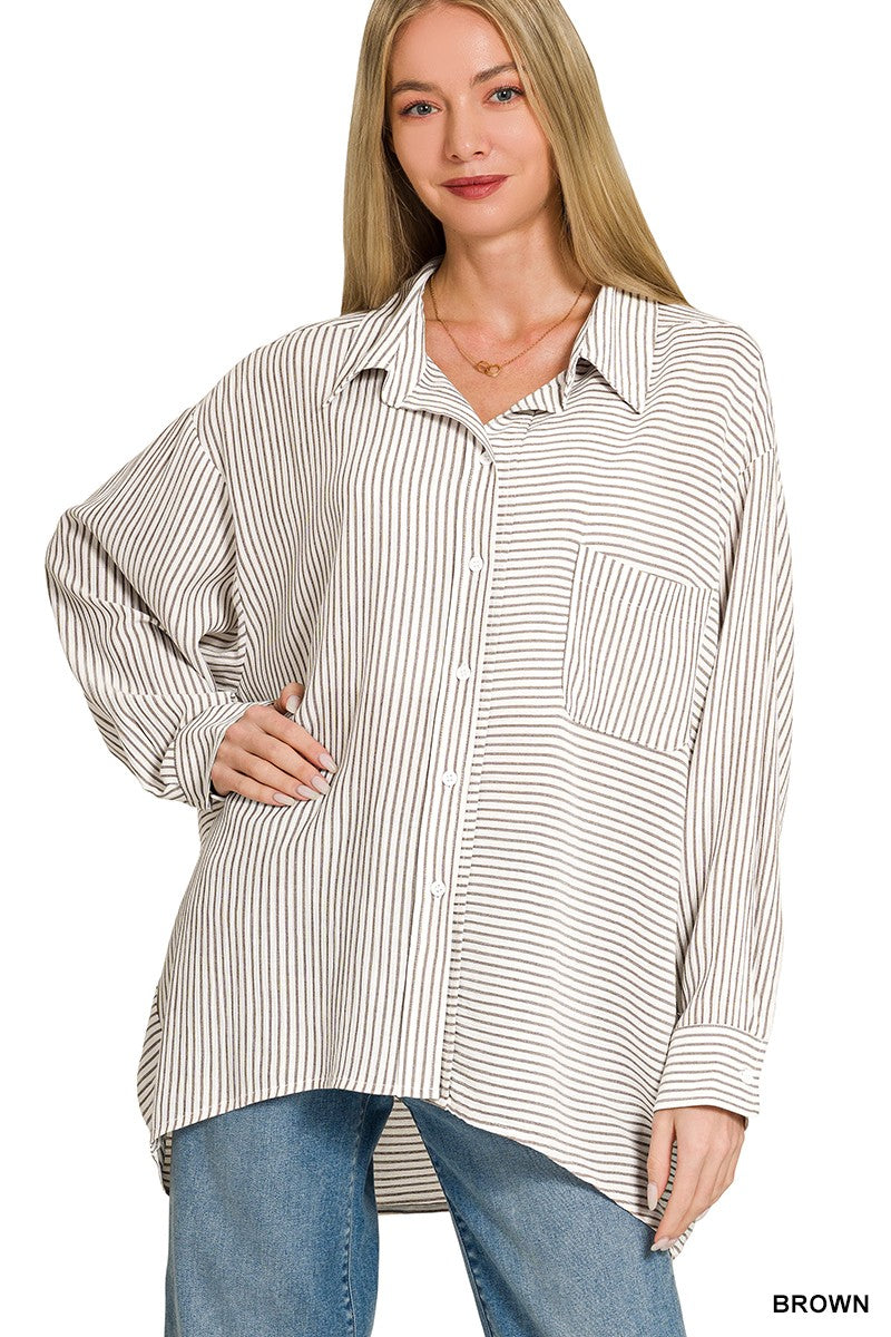 Woven Stripe Button Down Shirt ZENANA BROWN S/M